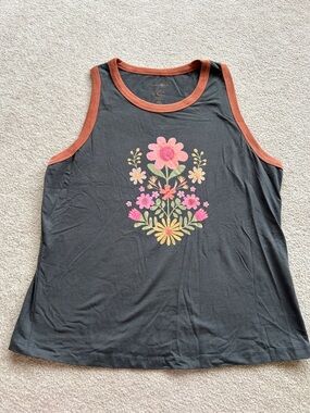 “Natural Life” Black Floral Tank Top with Rust Trim
